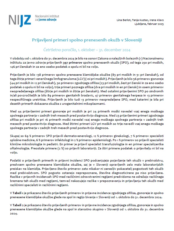 Prijavljeni primeri spolno prenesenih okužb v Sloveniji – četrtletno poročilo, 1. oktober – 31. december 2024