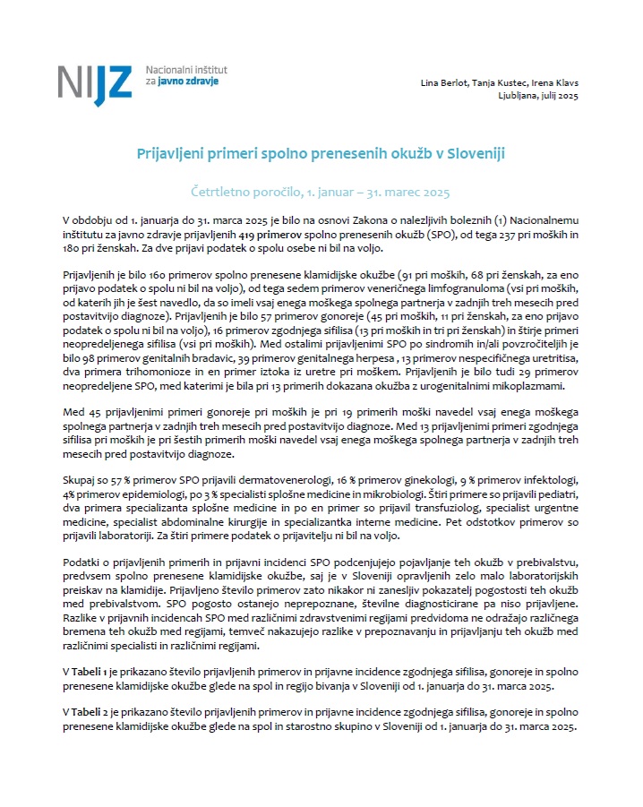 Prijavljeni primeri spolno prenesenih okužb v Sloveniji – četrtletno poročilo, 1. januar – 31. marec 2025