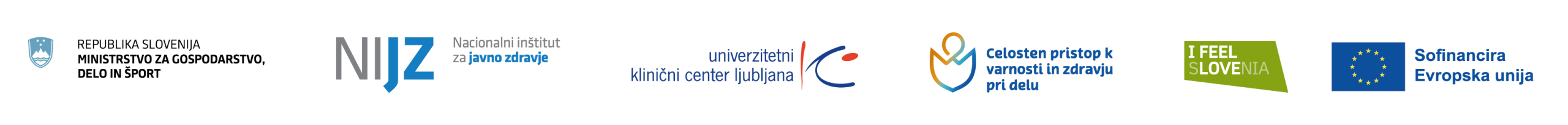 Pasica z logotipi Ministrstva za gospodarstvo, delo in šport, Nacionalnega inštituta za javno zdravje, Univerzitetnega kliničnega inštituta Ljubljana, projekta Celosten pristop k varnosti in zdravju pri delu, I feel Slovenia in Sofinancirano iz EU.